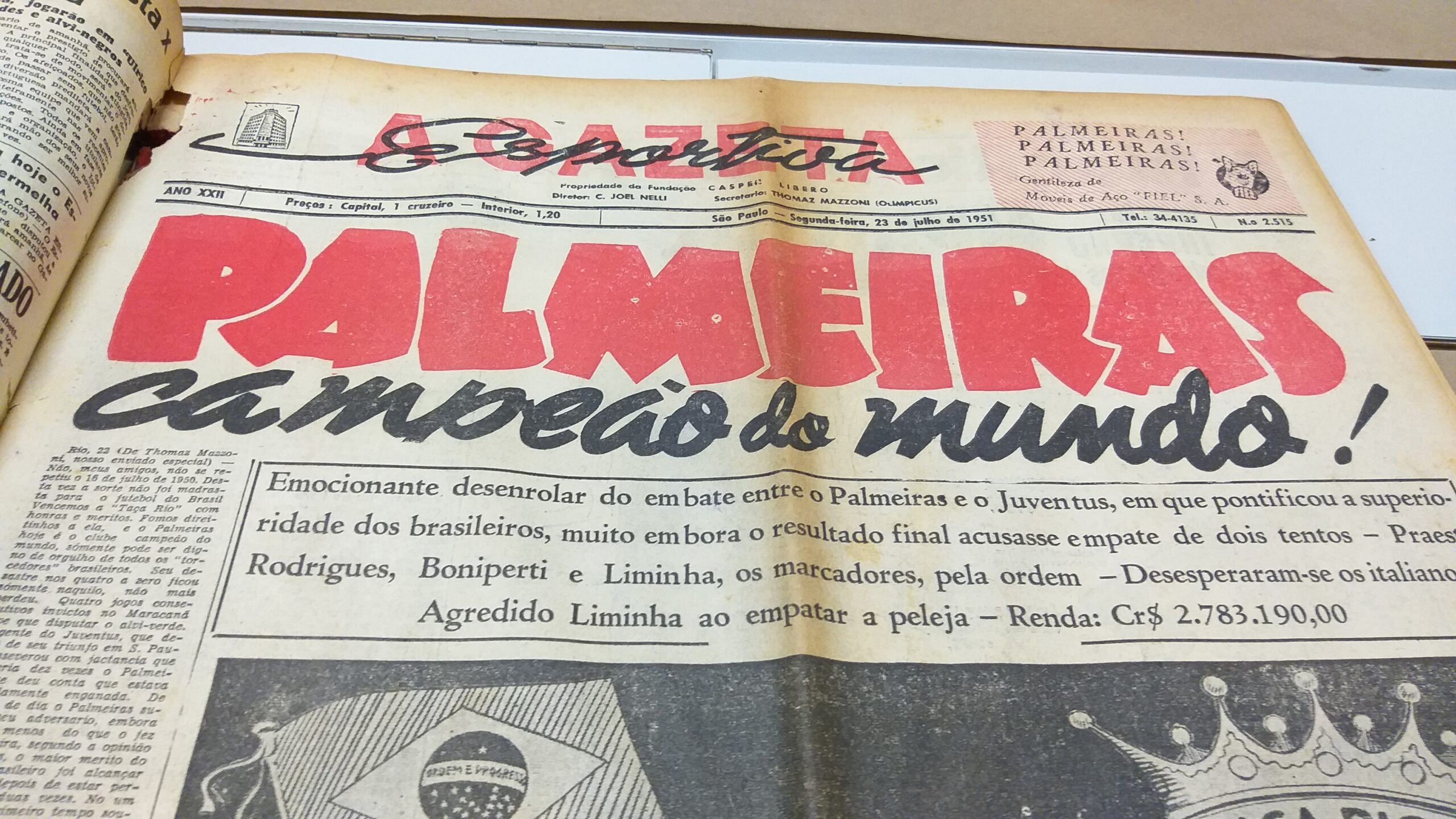 Gazeta Esportiva 1951 - Palmeiras Campeão Mundial - Palmeiras Store